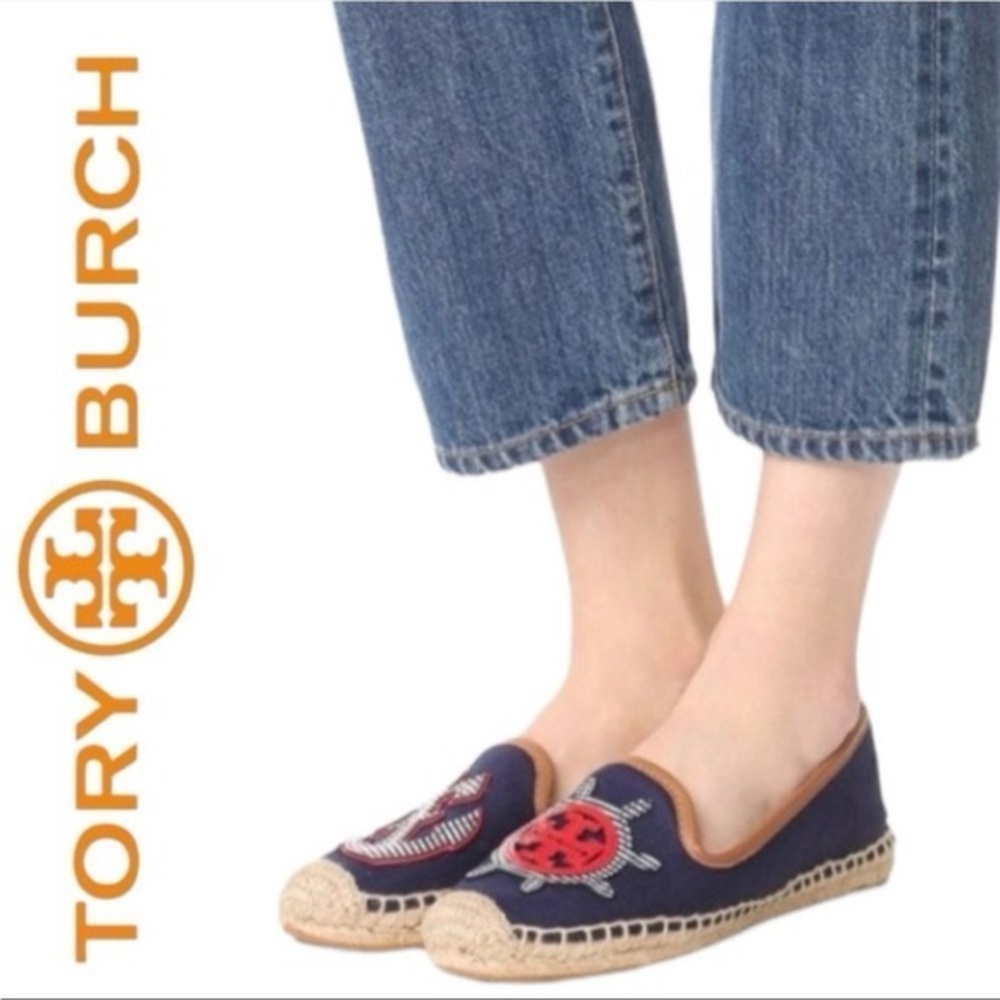 NWT Tory Burch Nautical Navy Blue Canvas & Leather Espadrilles